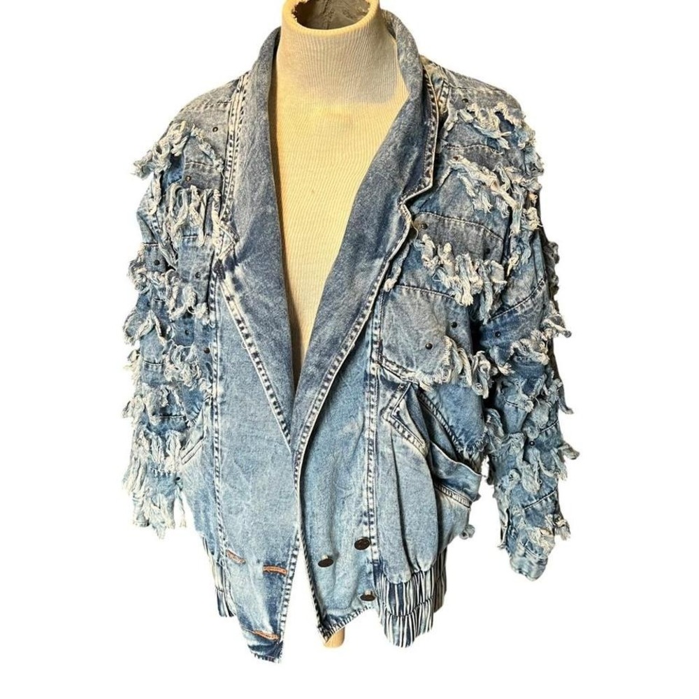 y2k grunge distressed denim jacket fringe studded moto oversized